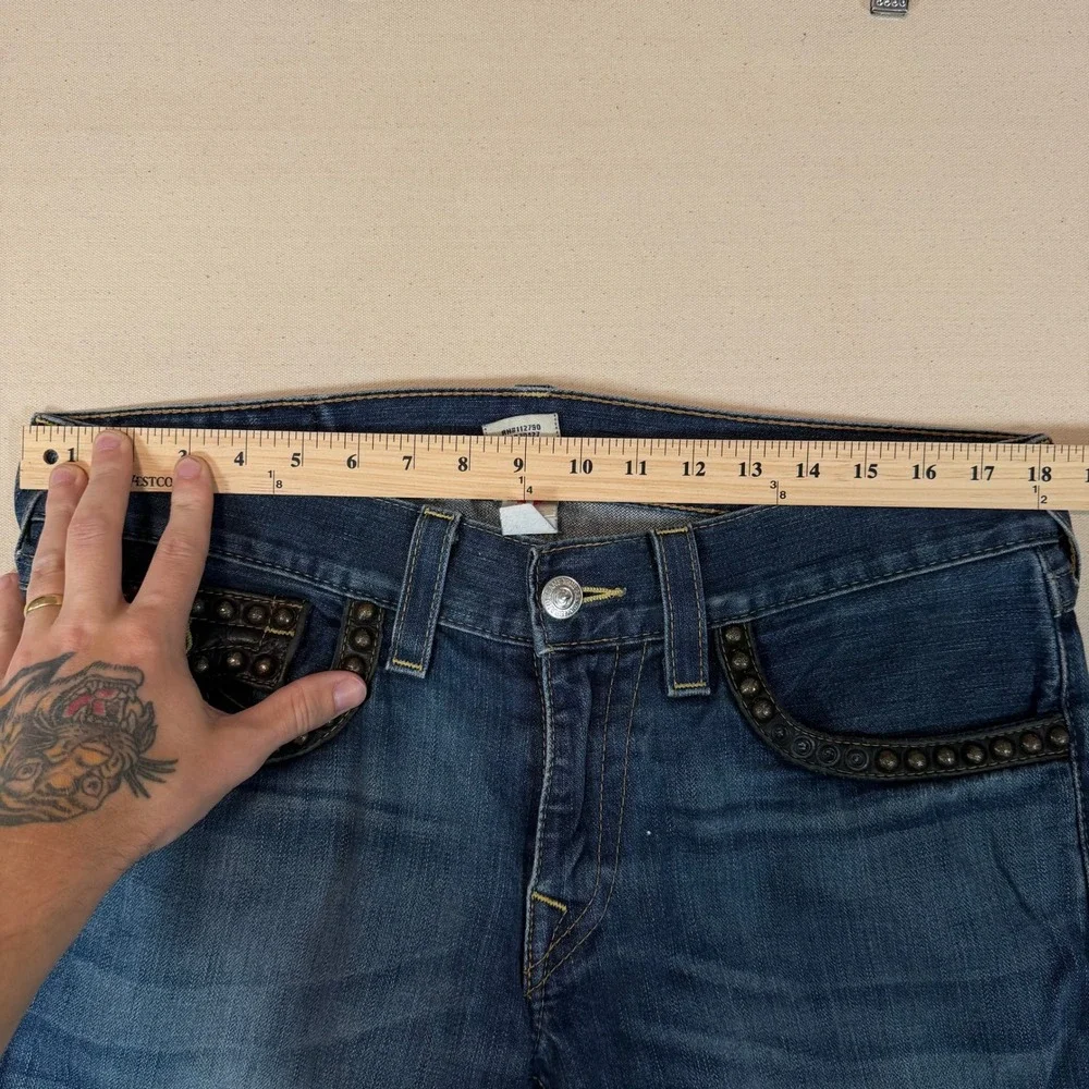 Vintage True Religion Mens Studded Leather Trim Jeans USA Made Size 36x30.5 y2K